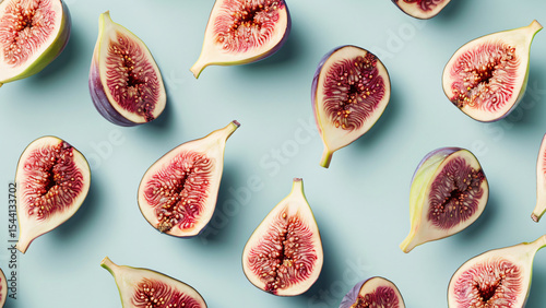 Figs cut and whole scattered on blue background in pattern layout