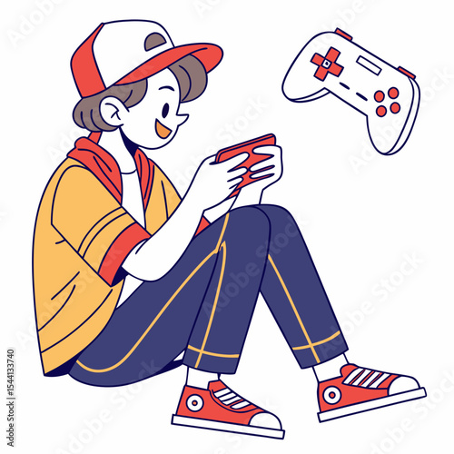 Young person playing mobile game sitting floor casual clothing