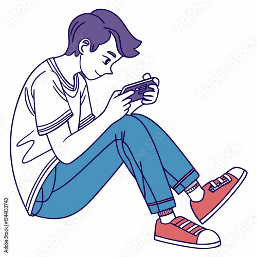 Young man sitting playing mobile game casual style