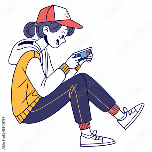 Girl playing mobile game sitting floor casual wear happy