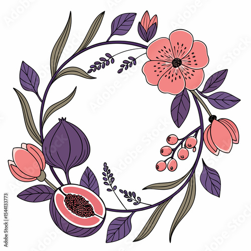 Floral wreath with figs and flowers botanical illustration