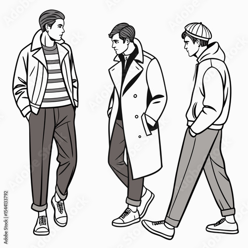 Three stylish young men walking in trendy outerwear