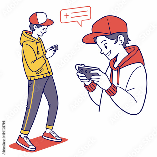 Two teenagers using smartphones connecting online social media