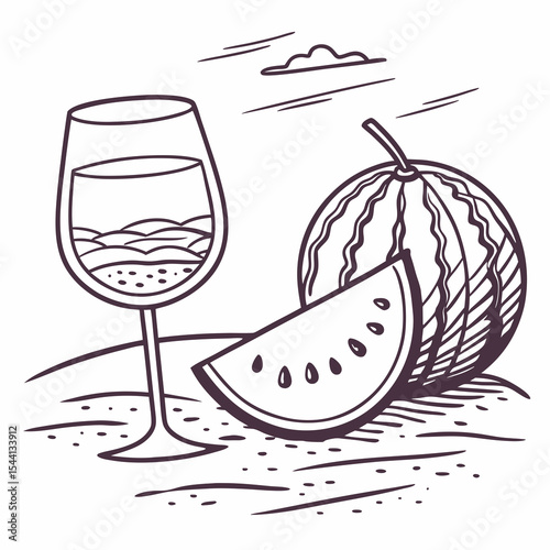 Summer refreshment watermelon slice and wine glass on beach