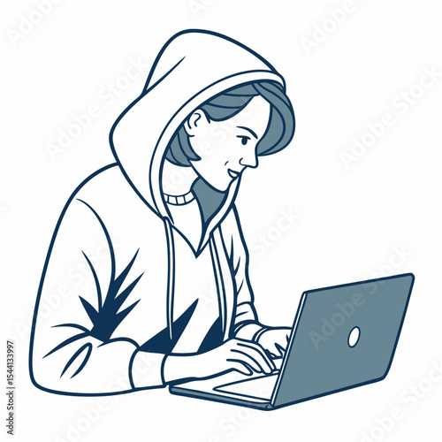 Woman in hoodie using laptop computer clean cutout illustration