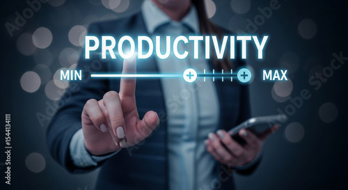 Person adjusting productivity slider with finger while holding phone in business setting indoors