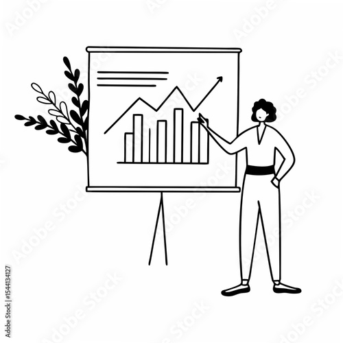 Professional businesswoman presenting growth chart on whiteboard with transparent background