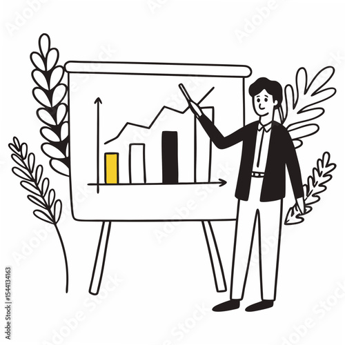 Professional businessman presenting growth chart on whiteboard with clean cutout