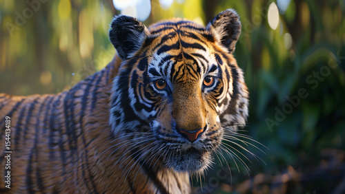 Tiger in jungle looking forward with intense focus