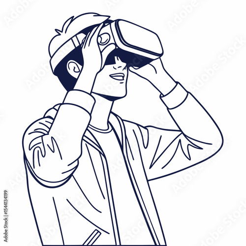 Young man experiencing virtual reality headset technology immersive digital world