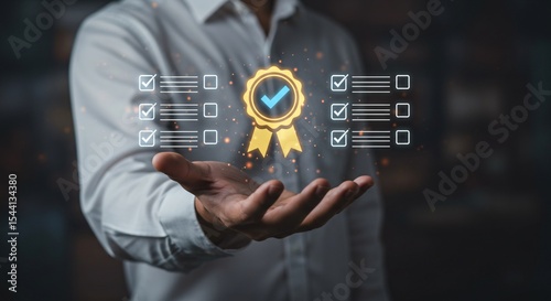 Quality Assurance concept with checklist and certification icon, symbolizing verified standards, compliance, and trust for business, corporate, or technology presentations.