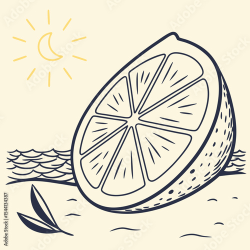Summer citrus fruit half illustration sun moon ocean beach