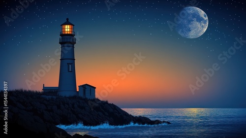Wallpaper Mural Tranquil lighthouse at night overlooking the sea under a luminous moon. Torontodigital.ca