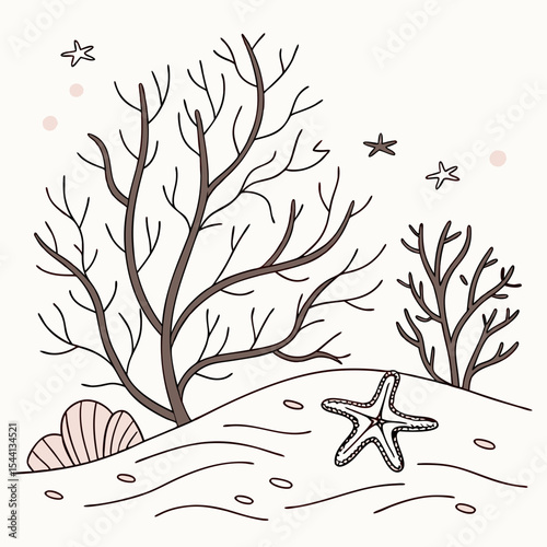 Underwater seascape illustration starfish coral reef ocean scene