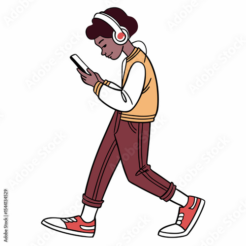 Young person walking listening music smartphone