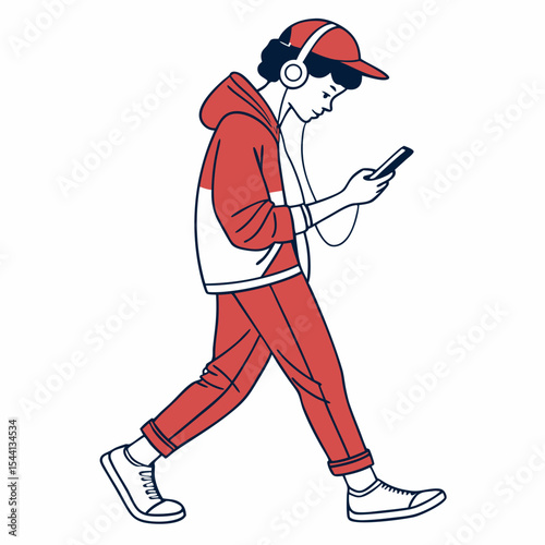 Young person walking listening music smartphone