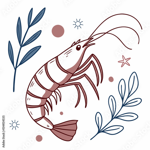 Adorable cartoon shrimp with aquatic plants and stars