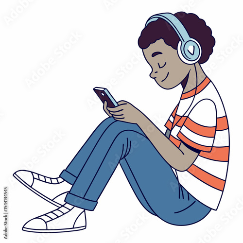 Young person listening to music on smartphone while sitting