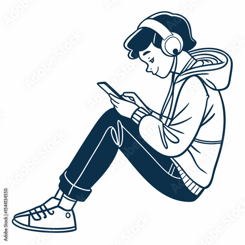 Young person sitting listening music smartphone headphones