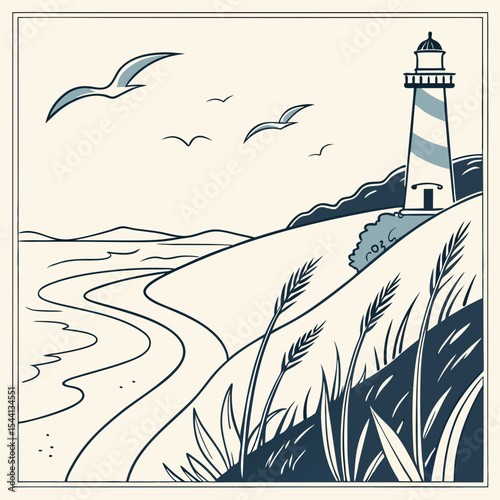 Coastal lighthouse seascape minimalist line art illustration