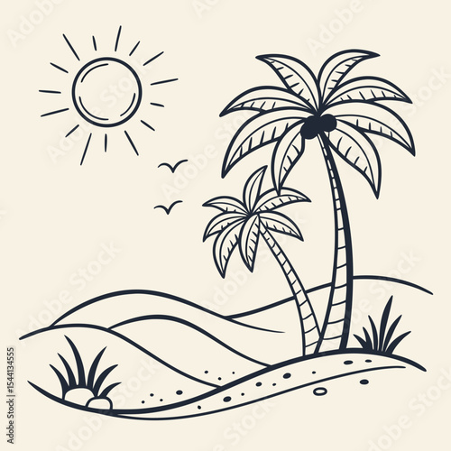 Tropical oasis palm trees sun sand dunes minimalist line art illustration