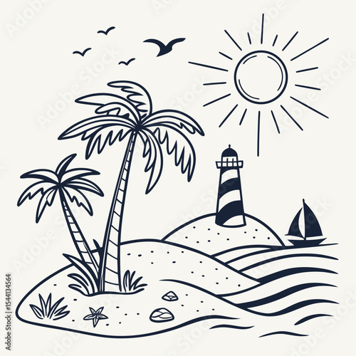 Tropical island scene with lighthouse palm trees and sailboat