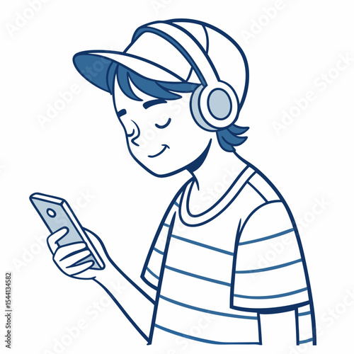 Boy listening music headphones smartphone smiling happy teenager
