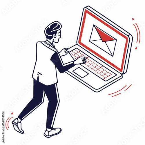Man working on laptop checking email message online communication