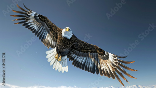 Bald eagle in mid flight with wings spread against blue sky