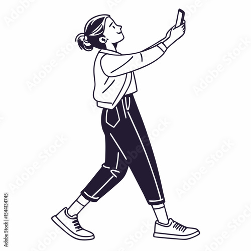 Young woman walking and using smartphone selfie mode