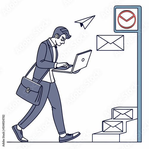 Businessman walking using laptop near mailbox sending emails