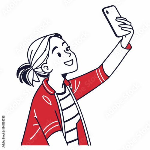 Happy girl taking selfie with smartphone red jacket