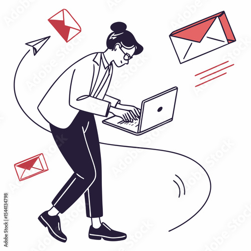 Businesswoman working on laptop checking emails fast paced lifestyle