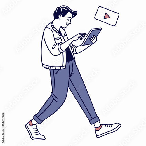 Young man walking using tablet streaming video online