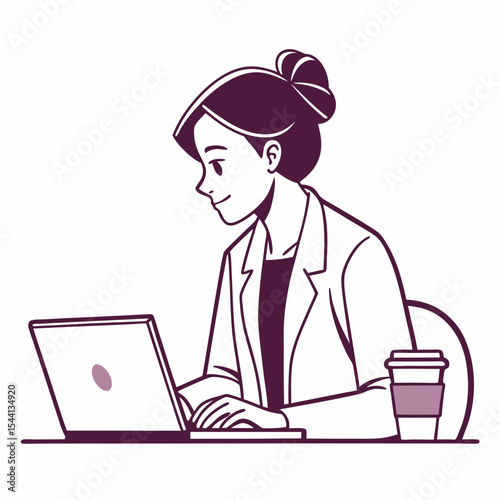 Woman working on laptop computer at desk with coffee