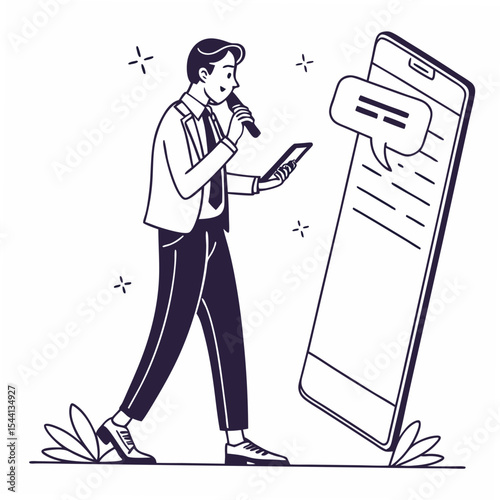 Professional man using smartphone and microphone, clean cutout, transparent background