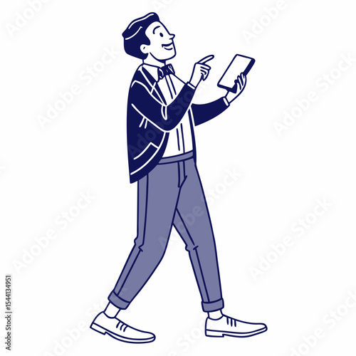 Professional man walking using tablet device clean cutout illustration