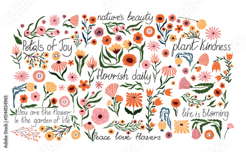 Hand drawn floral composition with inspirational quotes. Colorful botanical lettering poster with whimsical flowers and positive words. Perfect for wall art, cards, stickers, or journaling.