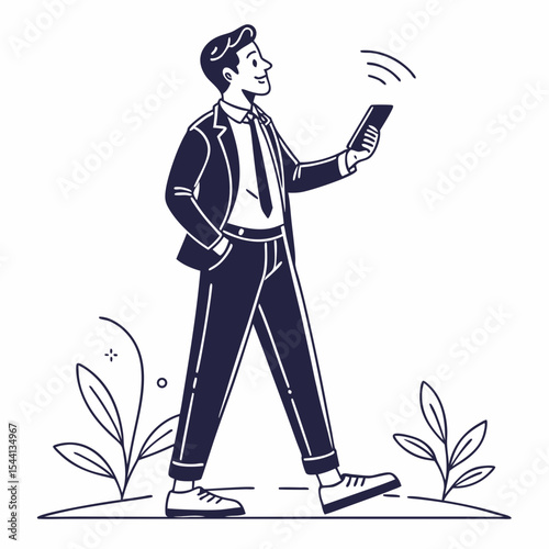 Professional businessman walking using smartphone clean cutout illustration