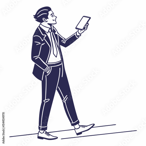 Professional businessman walking using tablet device clean cutout