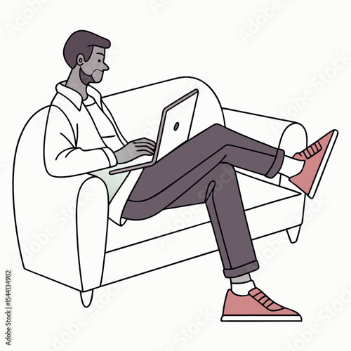 Man relaxing on sofa using laptop computer working remotely from home