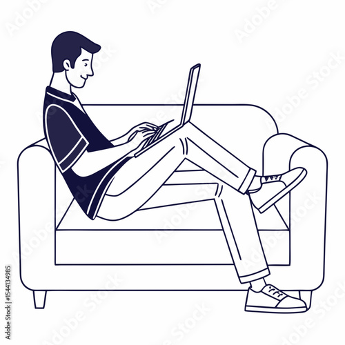Man relaxing on sofa working on laptop computer