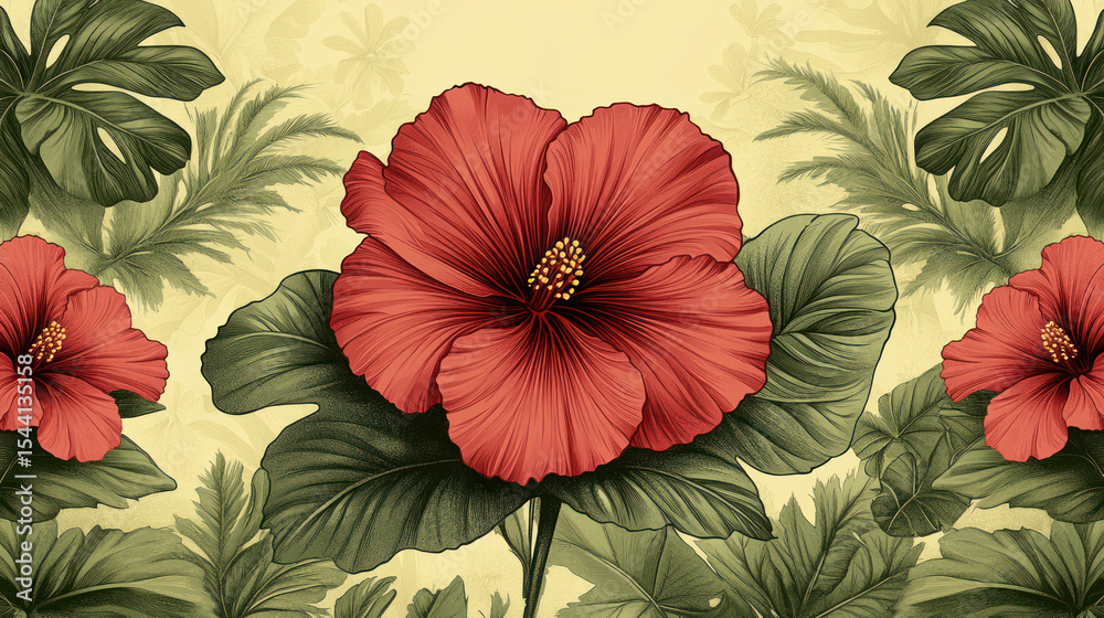 custom made wallpaper toronto digitalVibrant red hibiscus flower illustration surrounded by tropical foliage on a cream background. 