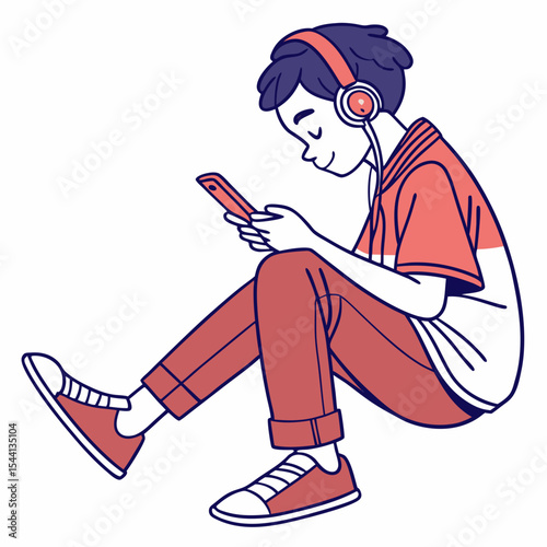Teenager boy listening music smartphone headphones sitting floor