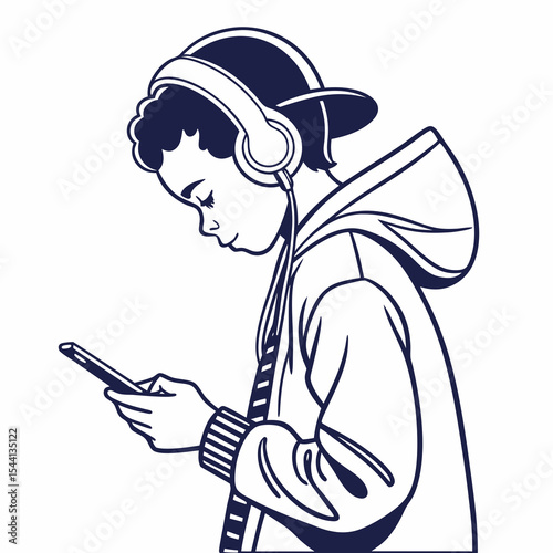 Young person listening to music on headphones using smartphone