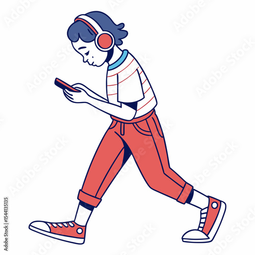 Young person walking listening music smartphone