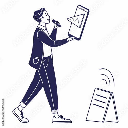 Man presenting online video content using smartphone and microphone