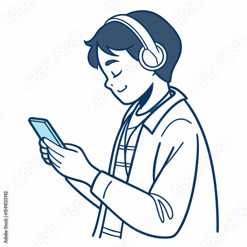 Young man listening music smartphone headphones enjoying audio