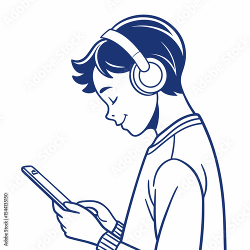 Young person listening to music on headphones using smartphone