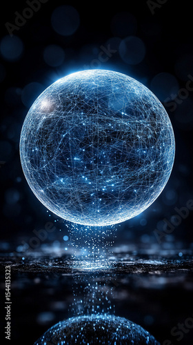 Pulsating wireframe sphere with coded lights glows against a dark background. Abstract digital network visualization symbolizing data flow, connectivity, and futuristic technology. Space for caption.

